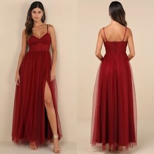 Lulus Convincingly Graceful Wine Red Tulle Sleeveless Maxi Dress M Wedding Prom